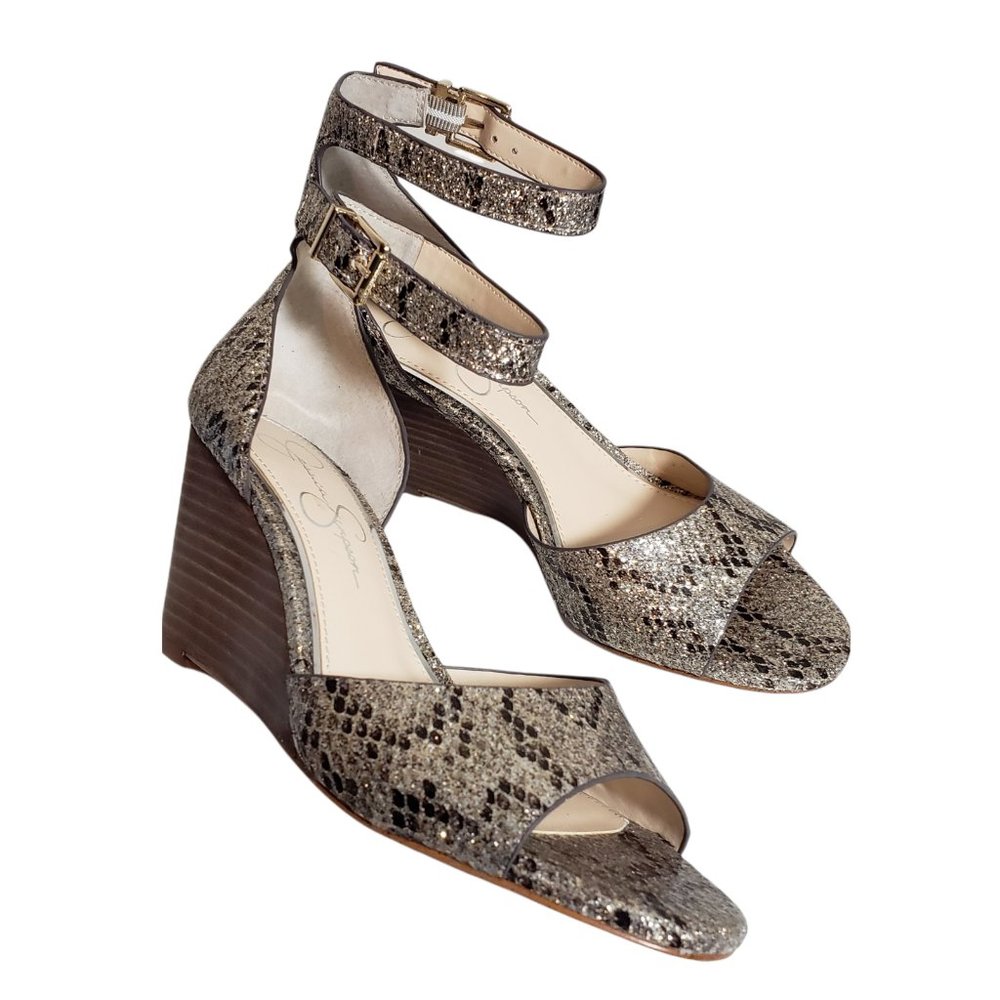 Jessica Simpson Womens Gold Snake Print Sparkle Buckle Open Toe Wedge Sandals 7M